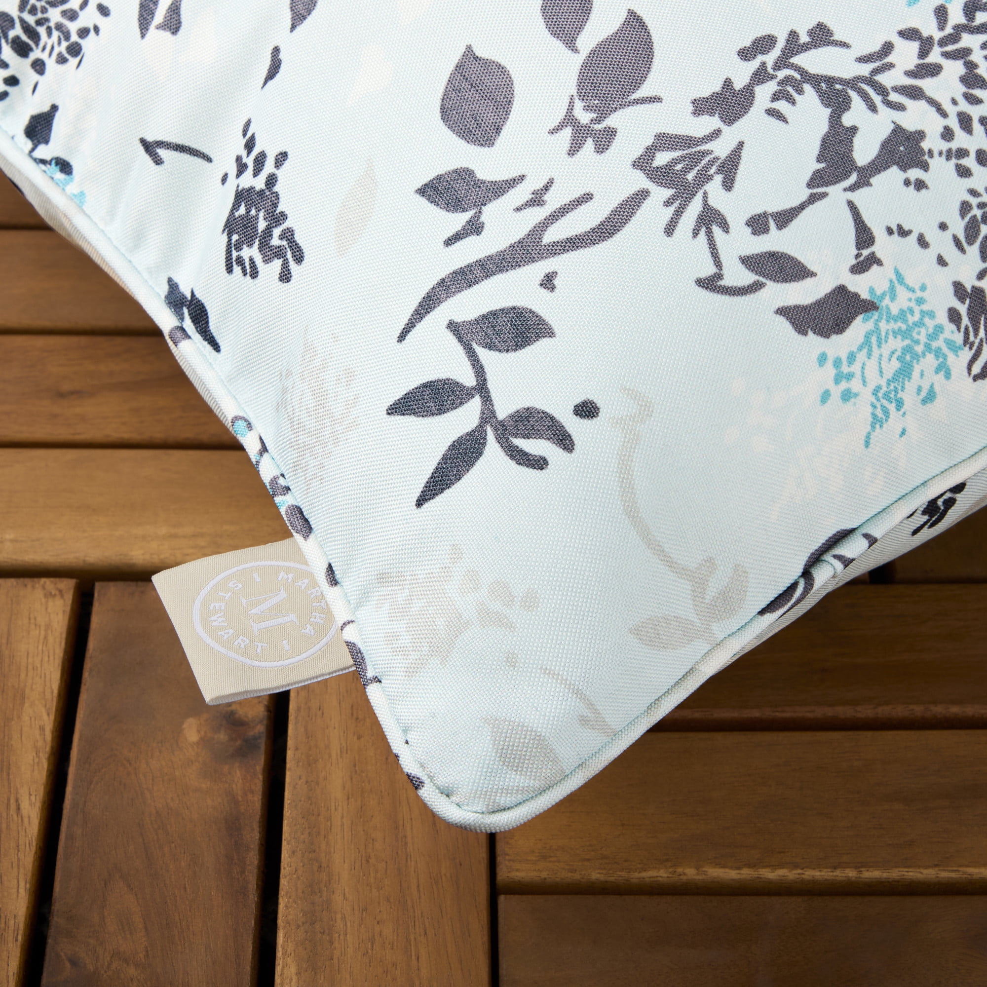 MARTHA STEWART Charming Foliage Indoor Outdoor Decorative Pillow 2-Pack Set, UV Fade Resistant, Water Repellent, Printed Floral Design, Aqua Blue, 18"x18"