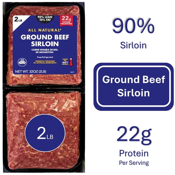 Fresh 90% Lean 10% Fat Sirloin Ground Beef, 2 lb Brick, Grass-Fed, No Antibiotics