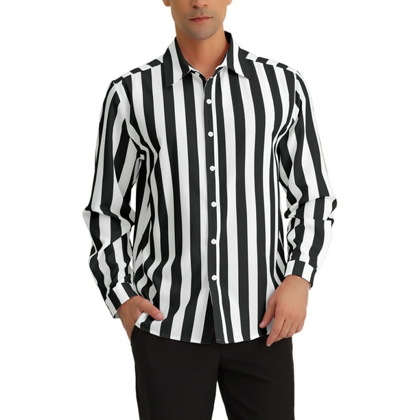 Camisa Casual de Manga Larga de Rayas Verticales para Hombre Inspire Chic, Ajuste Regular, Color Negro y Blanco
