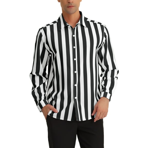 INSPIRE CHIC Men's Shirts Vertical Striped Long Sleeve Button Up Regular Fit Casual Shirt M Black White