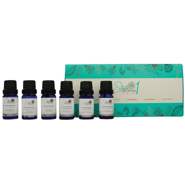 Set de 6 Aceites Esenciales para difusor Punto aroma Lima, Y. Ylang,Naranja,Canela,Lemongrass, Tea Tree