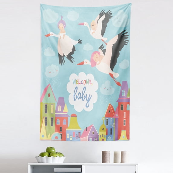 Party Tapestry, Storks Flying over Town Delivering Cartoon City Announcement, Fabric Wall Hanging Decor for Bedroom Living Room Dorm, 5 Sizes, Multicolor, by Ambesonne