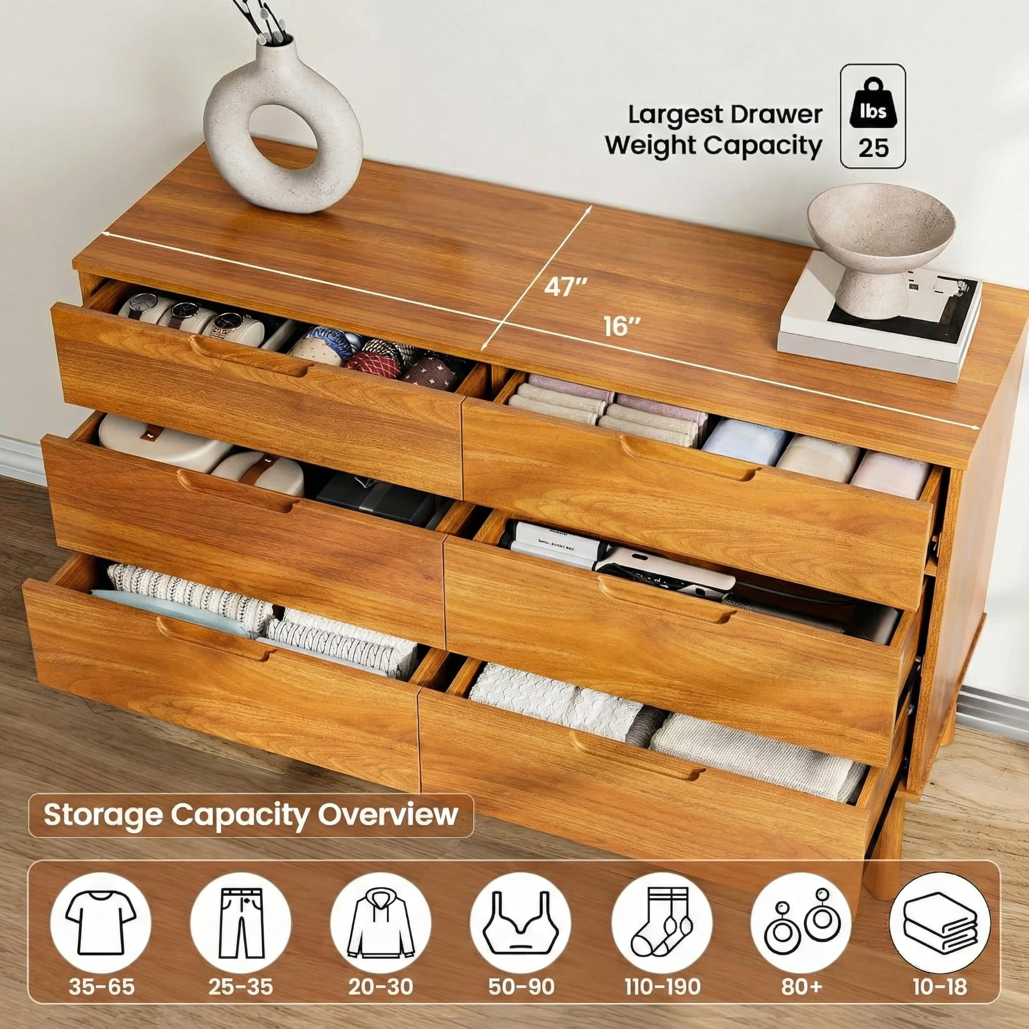 47" Wide Wooden Dresser for Bedroom, Mid-Century Modern 6 Drawer Double Dresser with Walnut Wood Grain, Large Horizontal Storage Chest for Living Room, Anti-Tip Kit, Caramel
