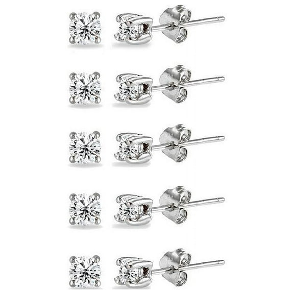Sterling Silver Cubic Zirconia set of 5 Round 2mm Stud Earrings