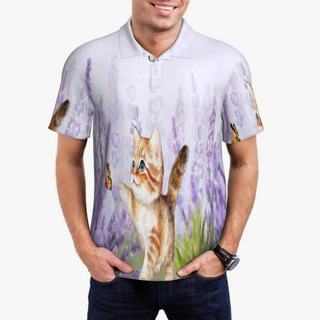 Susaid Kitten and butterfly Print Men s Short Sleeve Polo Shirt Golf Shirts for Men Business Casual Polos-Small