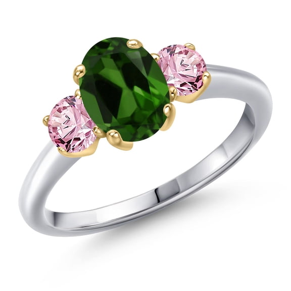 Gem Stone King 925 Silver and 10K Yellow Gold Green Chrome Diopside and Pink Lab Grown Diamond Engagement Ring for Women | 1.70 Cttw | Oval 8X6MM | Gemstone Birthstone | Size 8