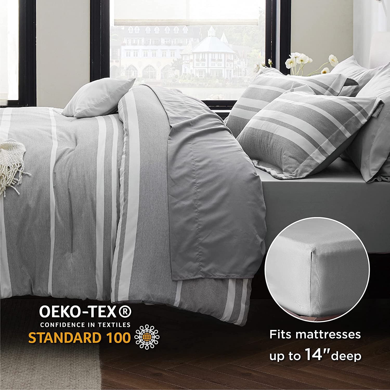 Cozy Comfort 7-Pieces Grey White Striped Comforter Bed-in-a-Bag, Queen