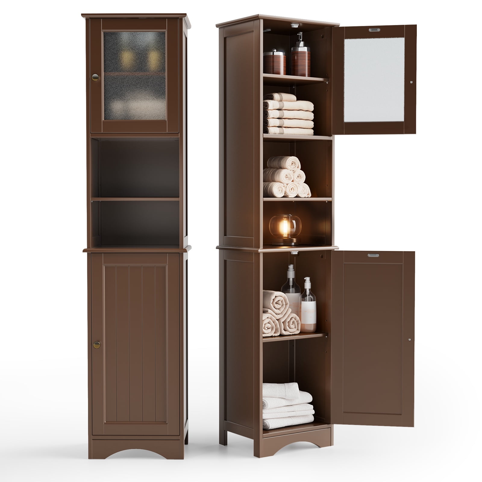 Asofer Tall Bathroom Cabinet, Storage Cabinet with Two-Way Doors, Freestanding Linen Tower, Anti-Tip, Dark Brown