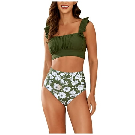 GEWSEY Womens Tummy Control Bathing Suits Ruffle Tankini Set 2Pcs Sexy Crop Square Neck Twist Front Tops with Thong Green  S
