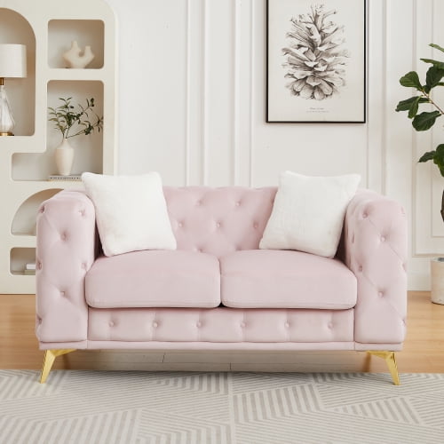 61" Modern Velvet Comfy Deep Seat Loveseat, Sofa Loveseat with Button Tufted, Love Seat Sofa with Metal Legs for Living Room Relaxing, Pink