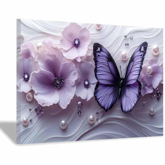 Mudket Purple Flower & Butterfly with Pearl and Diamond Canvas Wall Art, Floral Wall Decor, Framed Ready to Hang Artwork for Living Room Bedroom Luxury Decor - 12"L x 8"W