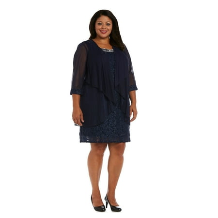 Sleeveless Lace Shift Dress with Pearl Embellishments and a Sheer Jacket - Plus