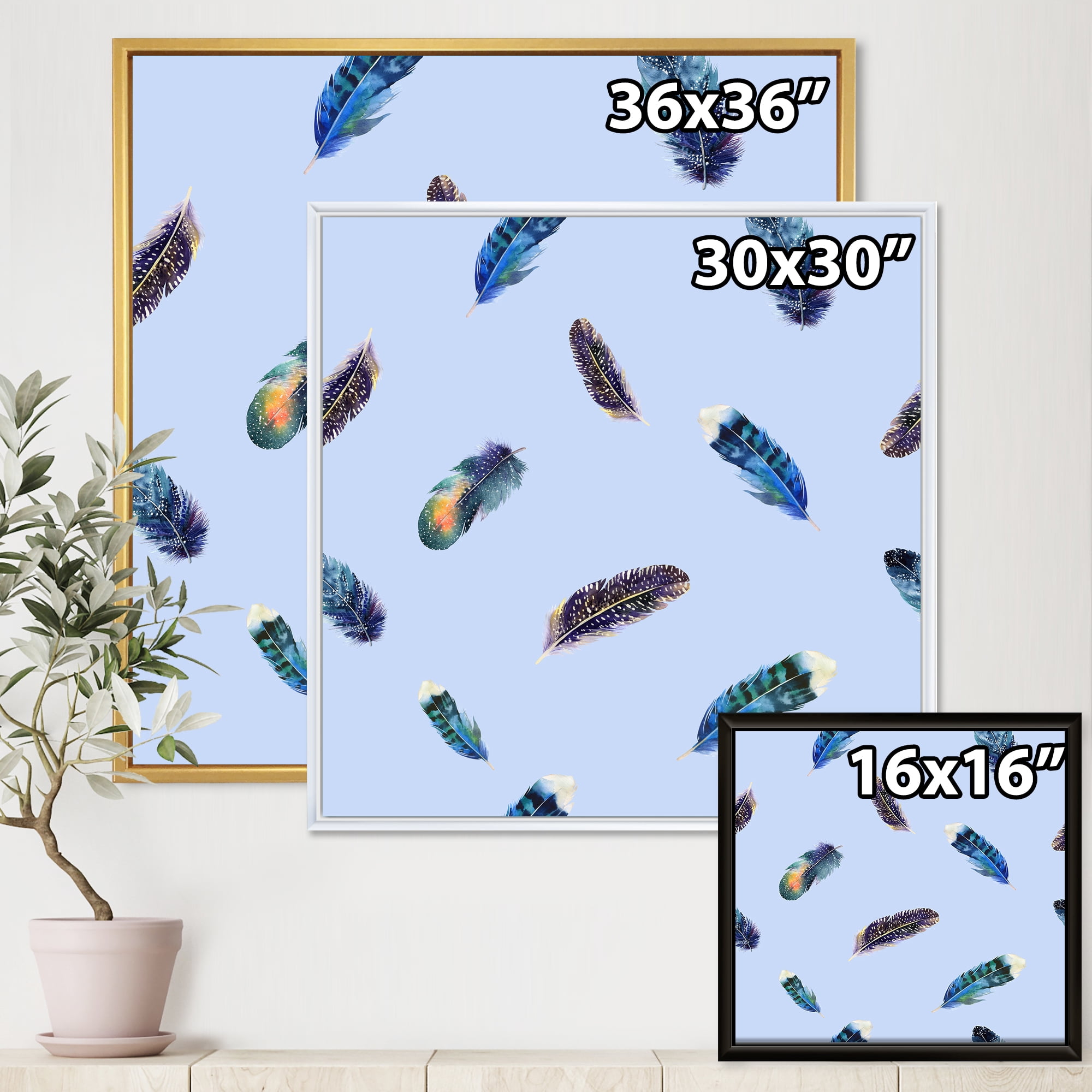 Designart 'Blue Feathers Boho Ethnic ' Bohemian & Eclectic Framed Canvas Wall Art Print