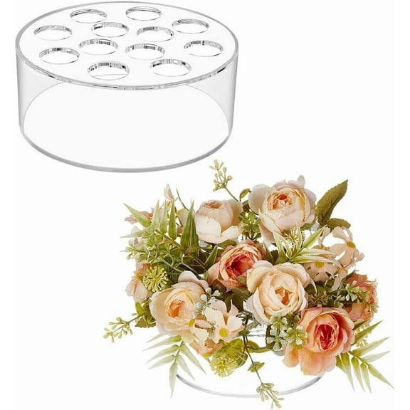 2Pcs Round Acrylic Flower Vase for Centerpieces Clear Floral Vase with 12 Holes Low Flower Vases Modern Flower Arrangement for Wedding Birthday Party Home Dining Table Decor Clear DIY