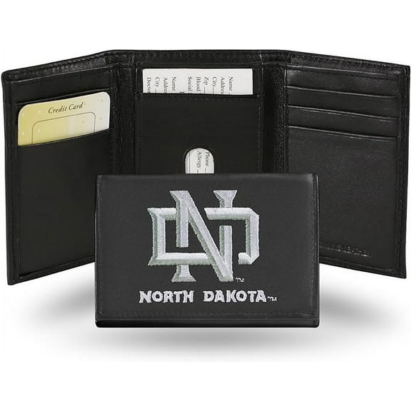 North Dakota UND NCAA Fighting Hawks Embroidered Black Leather Trifold Wallet