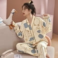 thumbnail image 4 of Pijamas de primavera y otoño para mujer, cárdigan de algodón de imitación con cuello en V, pantalones de manga larga, conjunto de ropa holgada para el hogar con dibujos animados, 4 of 6