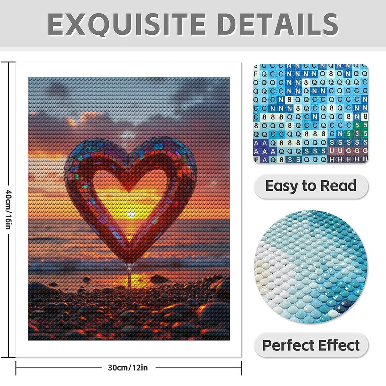 Diamond Art Kit for Adults, Sunset Mosaic Heart Beach Scene Diamond Painting for Adults Beginners, DIY Diamond Art Painting Kits, 5D Diamond Painting Crafts for Home Decor 12x16 Frameless