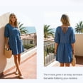 thumbnail image 3 of Womens Denim Dress Casual V Neck 3/4 Length Puff Sleeve Back Tie A Line Summer Dresses, 3 of 5