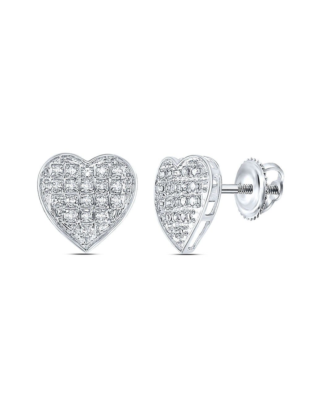 1/8 Cttw 10k White Gold Round Diamond Heart Outline Screwback Earrings 