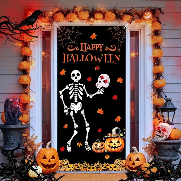 Halloween Skeleton Door Cover Decoration Large Happy Halloween Door Banner Sign Horror Skeleton Pumpkin Front Door Porch Sign Maple Leaves Hanging Banner for Indoor Outdoor Party Supplies