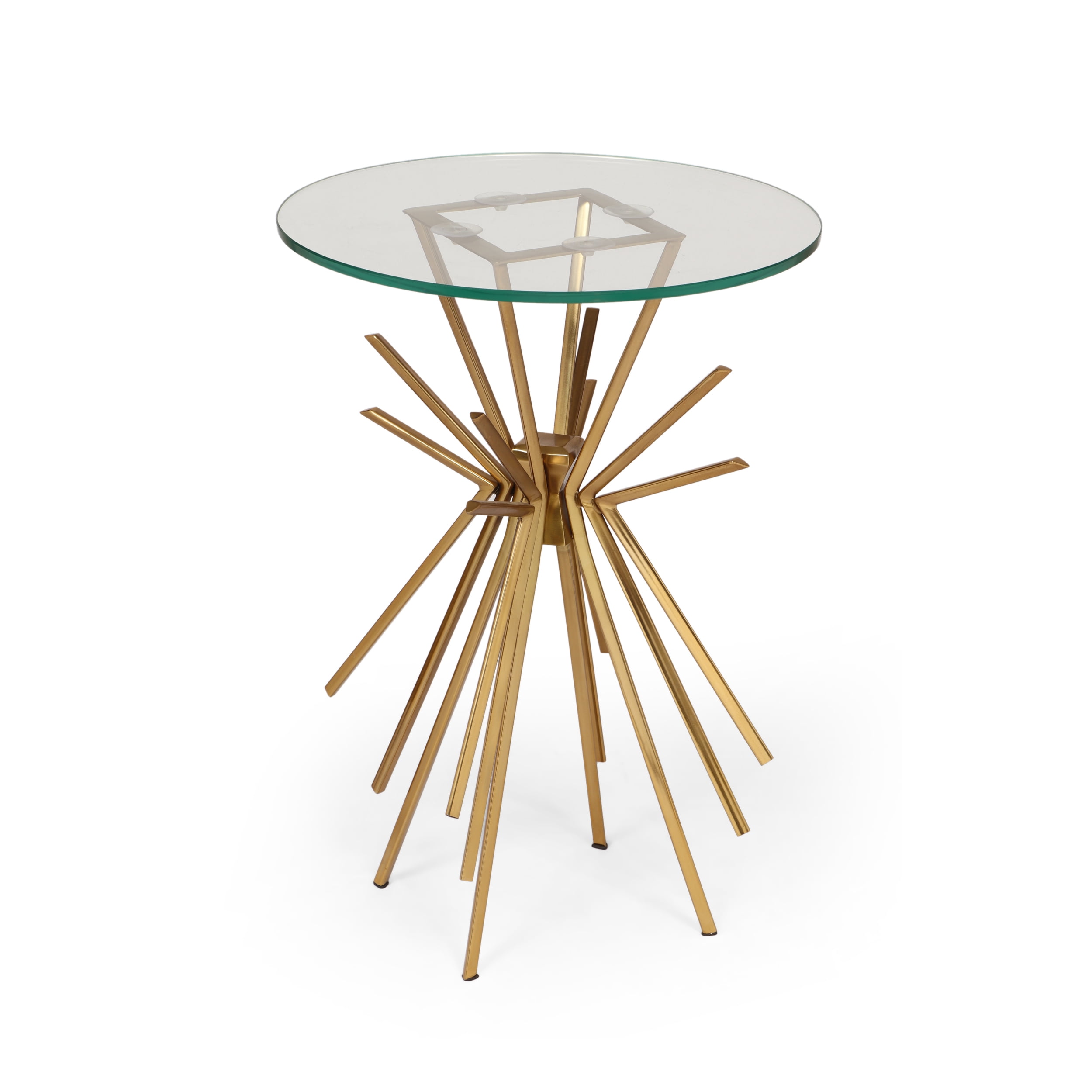 Noble House Aarav Modern Glam Handcrafted Sunburst Accent Table with Tempered Glass Top, Gold