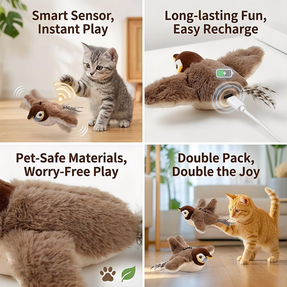 Flying Bird Cat Toy, Motion Activated Simulated Chirping Toy with Feather Tail, Remote Control Cat Toy with Catnip, Interactive Pet Play Toy for Cat Exercise and Entertainment