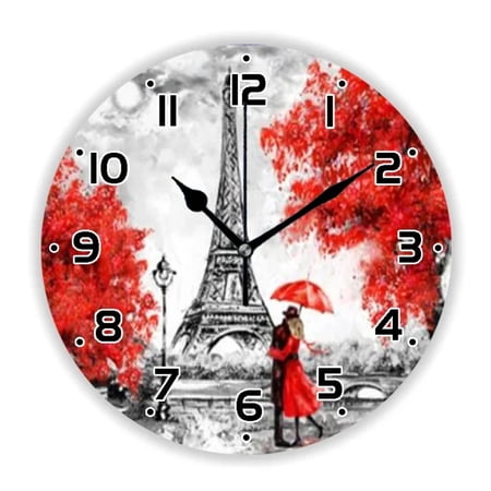 Stylish Pastel Red Paris Tower Oil Painting Wall Clock for Living Room Modern France City Landscape Art Wall Watch Home Decor 35(10 Inch)
