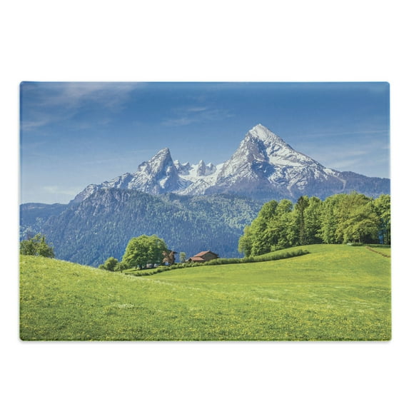 Europe Cutting Board, Blooming Flowers Snowcapped Mountain Tops in Background National Park Bavaria, Decorative Tempered Glass Cutting and Serving Board, Large Size, Green Sky Blue, by Ambesonne