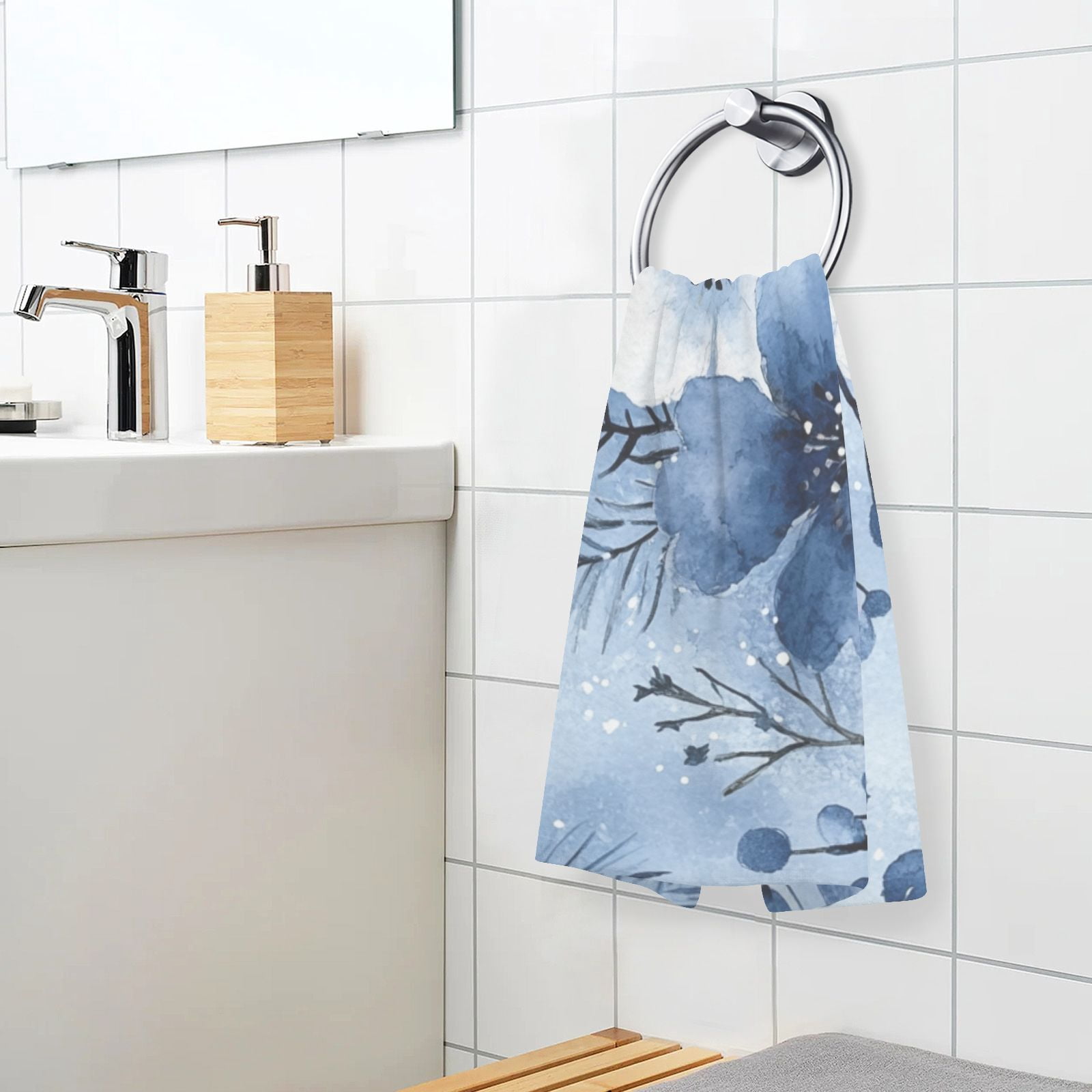 Blue and White Flowers Hand Towels Cotton Bath Towels Large Face Towels Absorbent for Bathroom 2 Packs