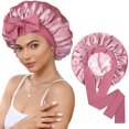 thumbnail image 1 of wonima11 Satin Bonnet for Sleeping Cap Double Layer Hair Bonnet with Elastic Tie Band for Curly Hair Night Cap (Bean Paste + Pink), 1 of 1