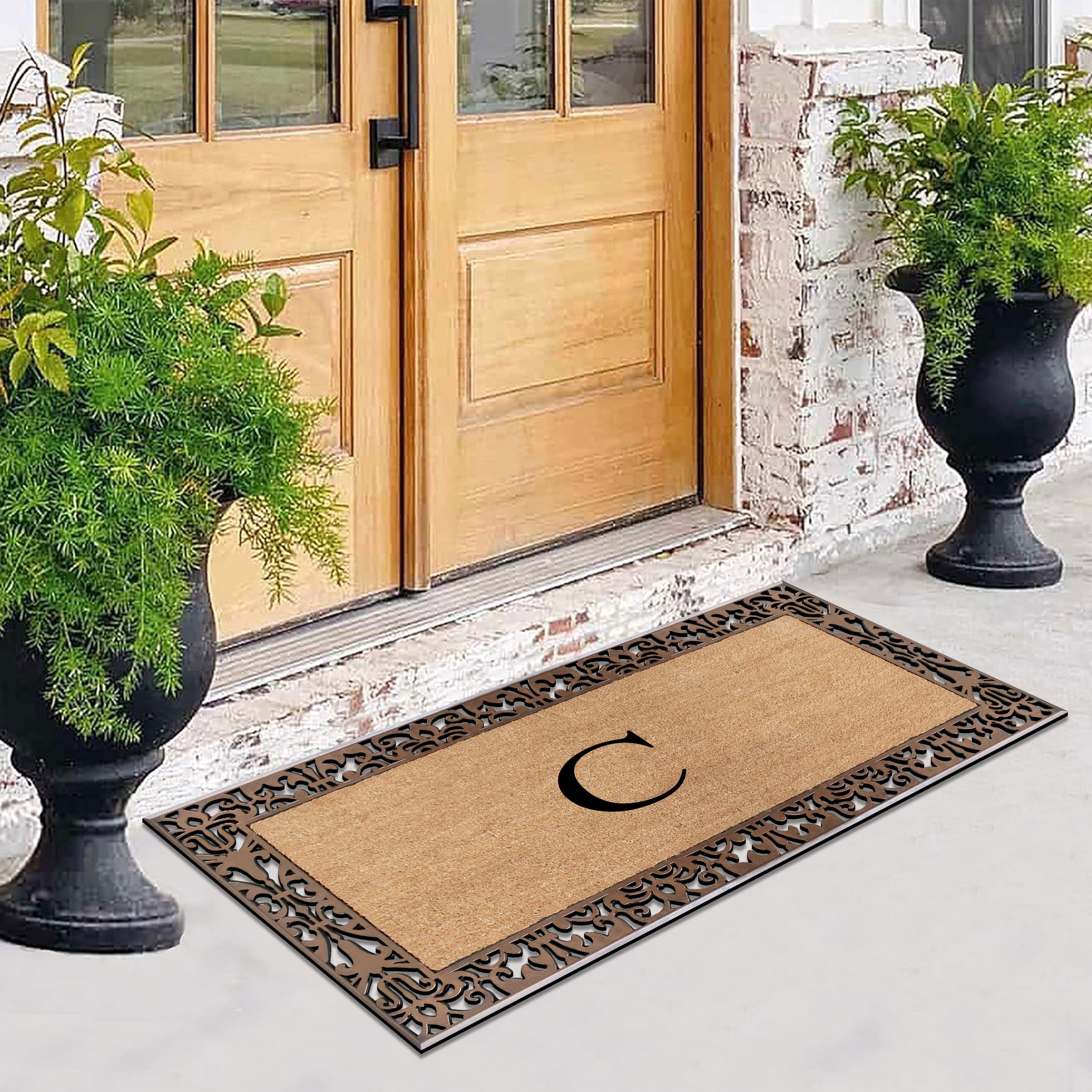 A1HC Natural Coir and Rubber Paisley Monogrammed Doormat, 30"x60", Heavy Duty Outdoor Front Door Mat, Durable Easy-Clean Bronze Rug