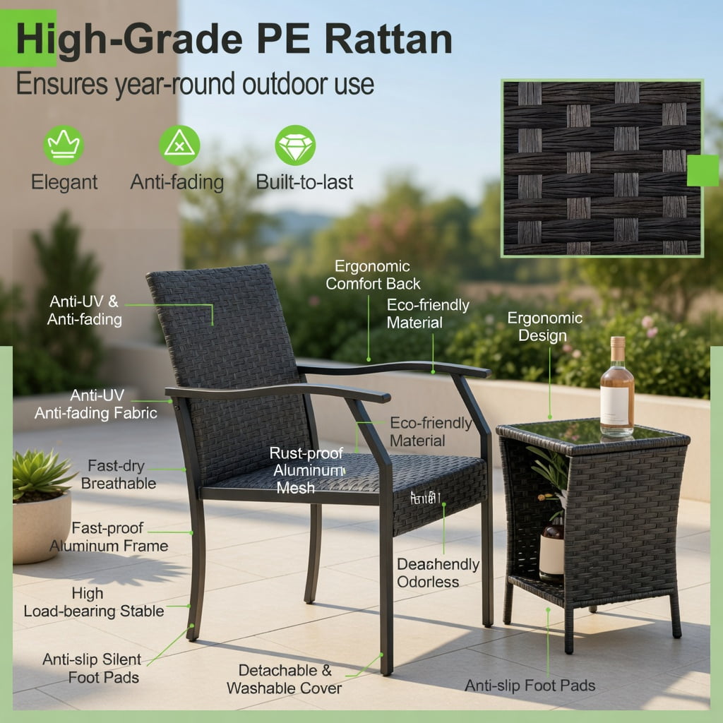 Hommoo 3-Piece All-Weather Wicker Patio Chair Set with Quick-Dry Foam Cushions & Tempered Glass Coffee Table, PE Rattan Outdoor Seating for Backyard, Poolside & Porch, Brown