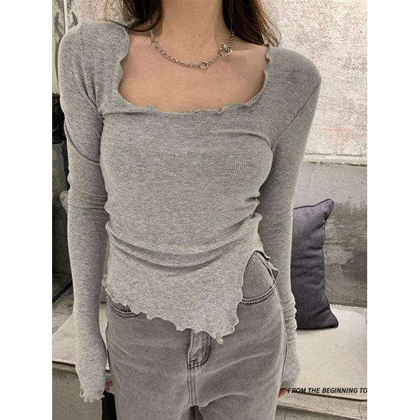 Camisetas de manga larga con dobladillo Irregular para mujer, camisetas de fondo delgadas de punto, línea de hongo, moda elegante, Sexy, sólido, Ulzzang, nuevo, otoño
