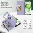 thumbnail image 4 of For iPhone 15 Plus RFID Blocking Wallet Case, Crossbody Purse Phone Case with 9 Card Slots, Zipper Pocket & Detachable Strap,Purple,For iPhone 15 Plus, 4 of 9