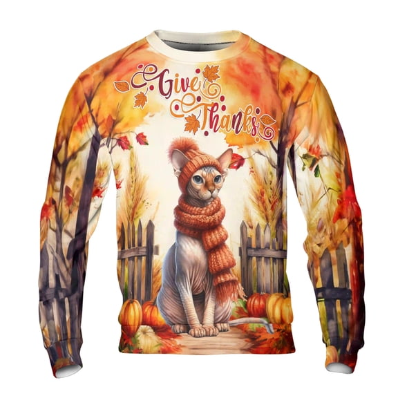 Happy Thanksgiving Sphynx Give Thanks Fall Beanie Scarf Welcome All Over Print 3D Sweatshirt Unisex Merch Cat Lover Kitten Owner Gifts Idea - 00020