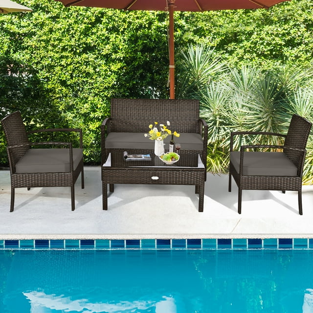 Gymax Ensemble de Mobilier d'Extérieur en Rotin Osier pour Patio et Jardin, 4 Pcs, Brun