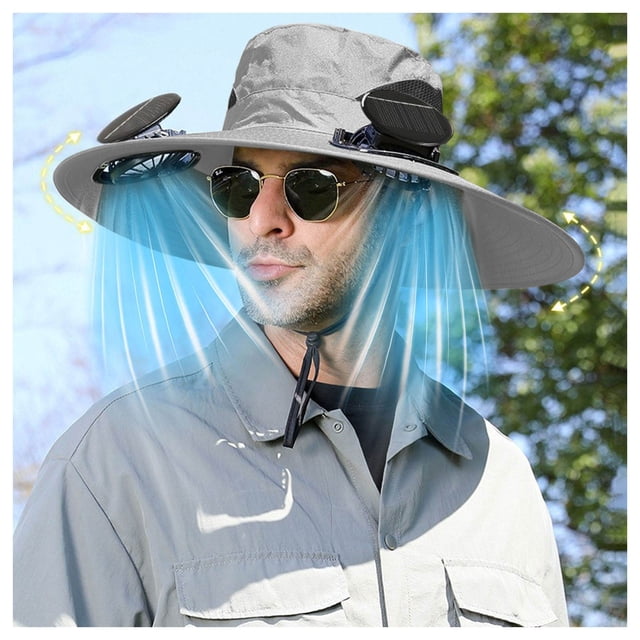 Hat with Fans Solar Power Solar Fan Hat Hat with Fan Solar Fan Hats for Men Wide Brim Sun Hat with 2 Solar Fan Summer Fisherman Hat Solar USB Charging Two Purpose Fan Hat Strong Wind Charging Fan
