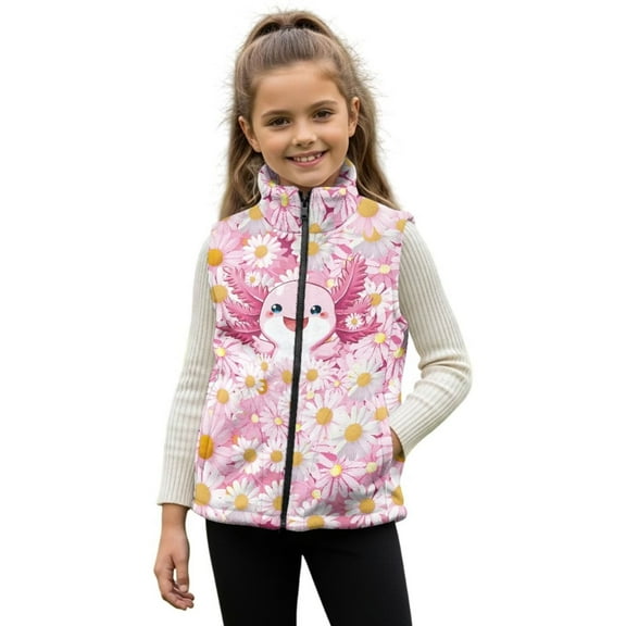 Uorisanigo Girls Boys Zippered Vest Puffy Fleece Jacket Pink Blue Axolotl Fashion Sleeveless Full Zipper Outwear with Pockets Fall Winter Clothes Stand Up Collar Vest 2-12 Years