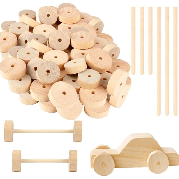80 Pieces Wood Wheels Unfinshed Wooden Wheel with Wooden Sticks Wooden Craft Wheels Tires with 0.5 cm Holes for DIY Model Cars Wooden Crafting Projects