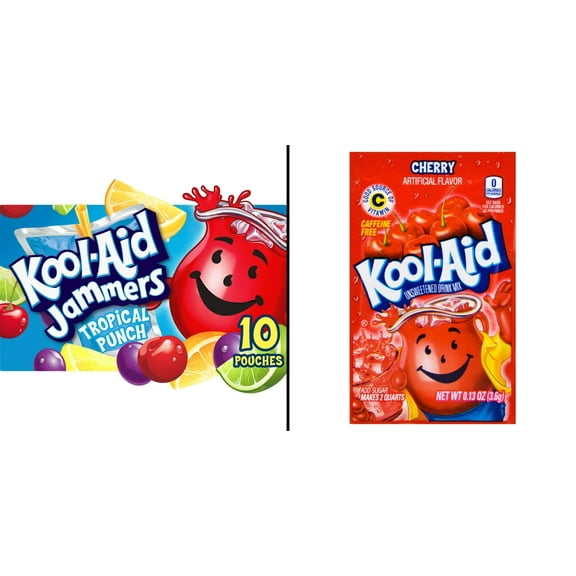 Kool-Aid Jammers Tropical Punch Flavored Drink 10 Pouches 6 oz & Kool-Aid Cherry Unsweetened Drink Mix 1 ct.