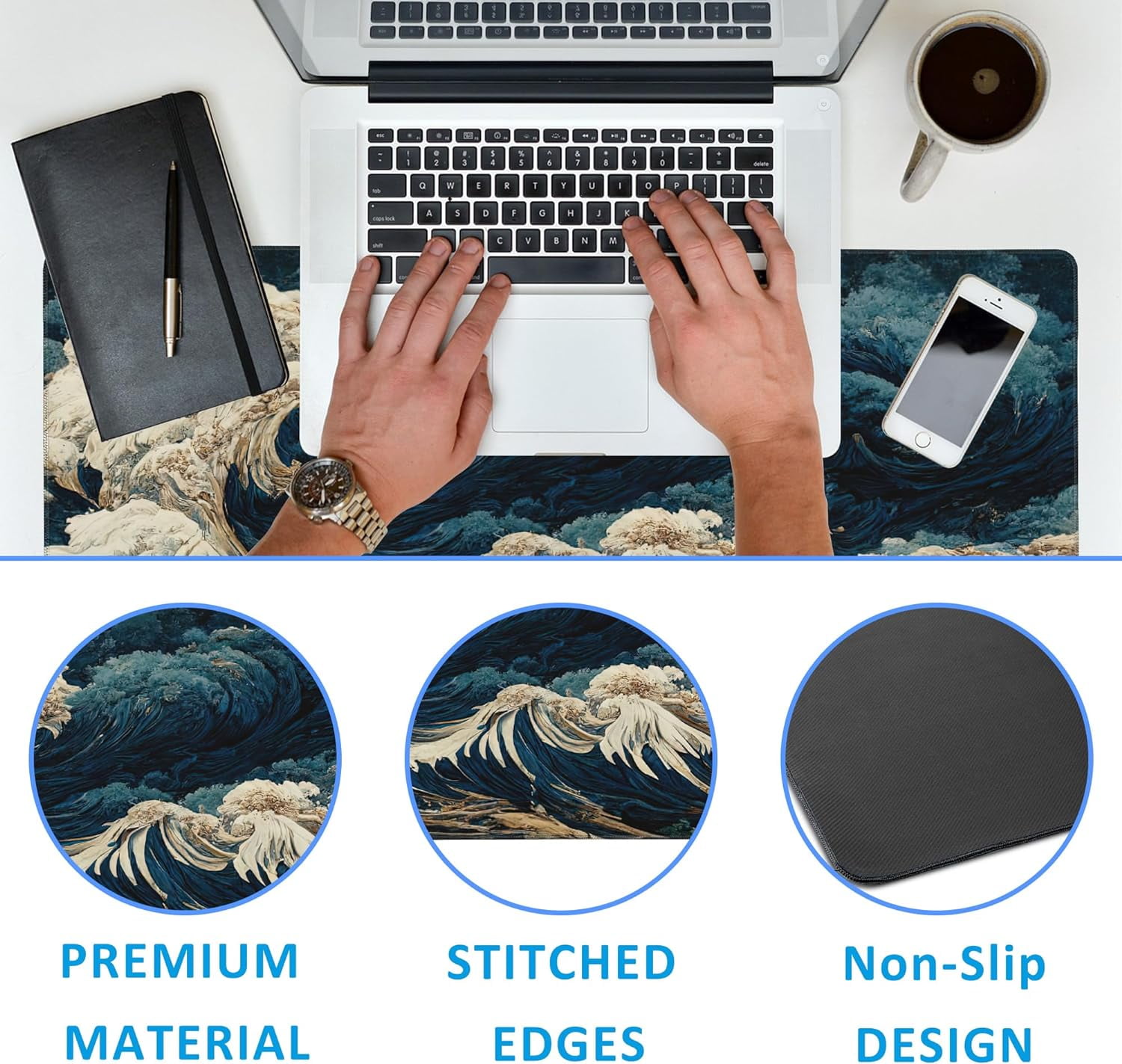 Japanese Ocean Waves Large Gaming Mouse Pad,Waterproof Desk Mat for Desktop,Non-Slip Rubber Base Mousepad with Stitched Edges for Laptop Office and Home 35.4X15.7 Inch