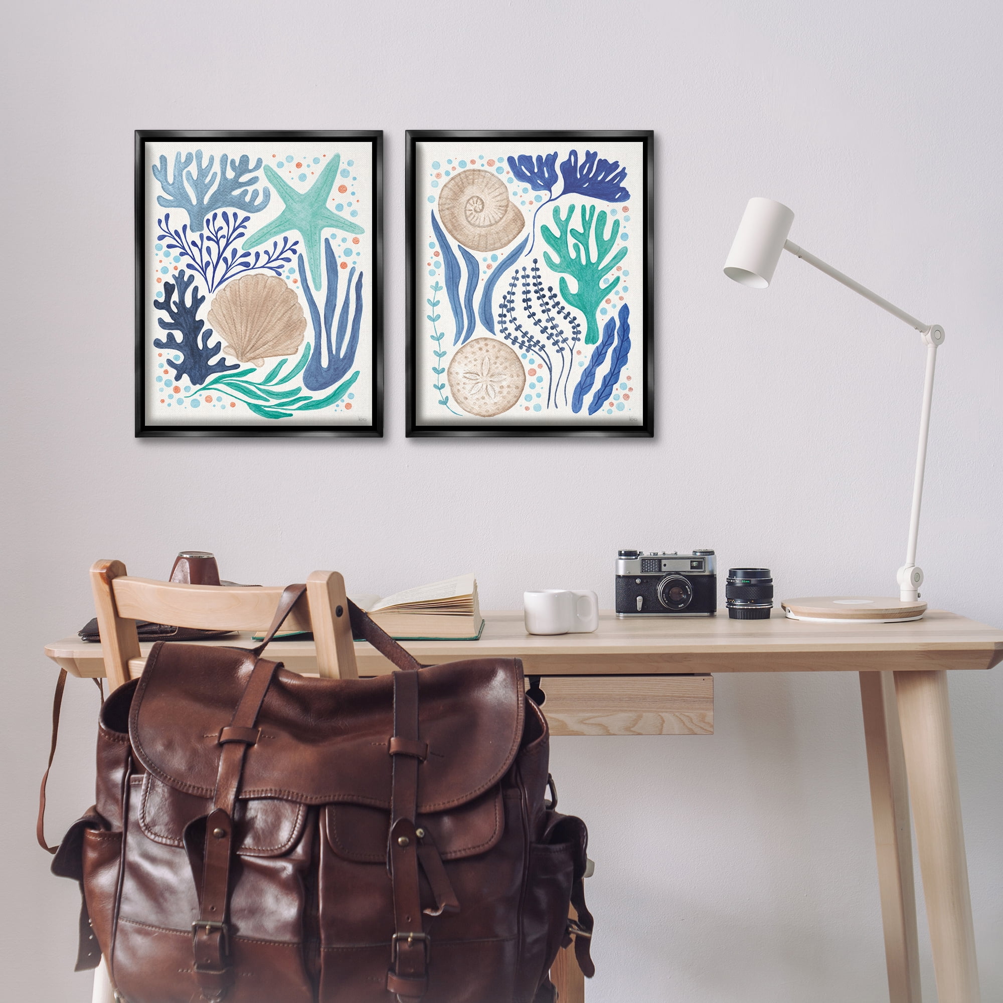 Stupell Industries Coastal Currents Sea Life Nautical & Beach Painting Black Floater Framed Canvas Art Print Wall Art, 17 x 21, Set of 2