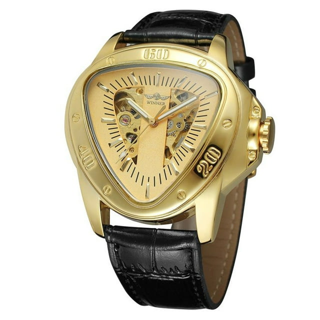 WINNER Winner Men's Automatic Mechanical Watch with Triangular Cut-Out Design, Gold Case & Dial, Leather Strap, Elegant Packaging