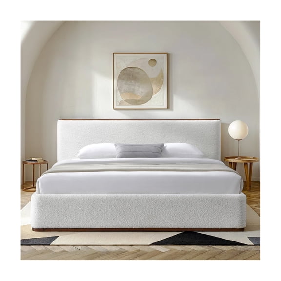 Omax Decor Aspen Upholstered Platform King Bed in White Cream Boucle Fabric