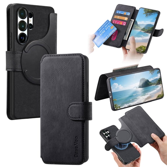 For Samsung Galaxy S26 Ultra Phone Cover Detachable Magnetic Front Case Hard PC Back Case Stand Feature Card Pocket & Credit Slot Shock-Absorbent Dustproof Wallet Phone Case for Men or Women, Black