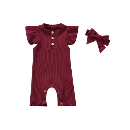 

Calsunbaby Toddler Baby Girls Flying Sleeve Romper Solid Casual Simple Button Bodusuit Summer Clothing Red Wine 12-18 Months