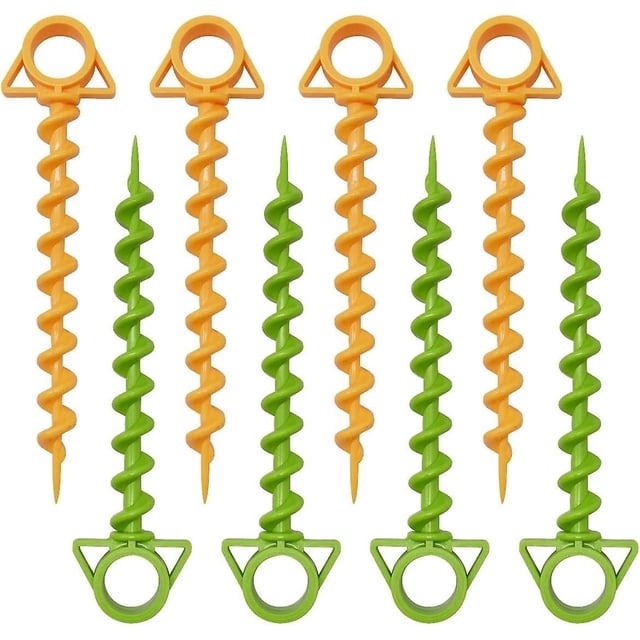 Naranja + tornillo verde: The Ultimate Ground Anchor - Paquete pequeño de 8 estacas para tienda de campaña - Clavo de plástico de cuerno de oveja estilo espiral