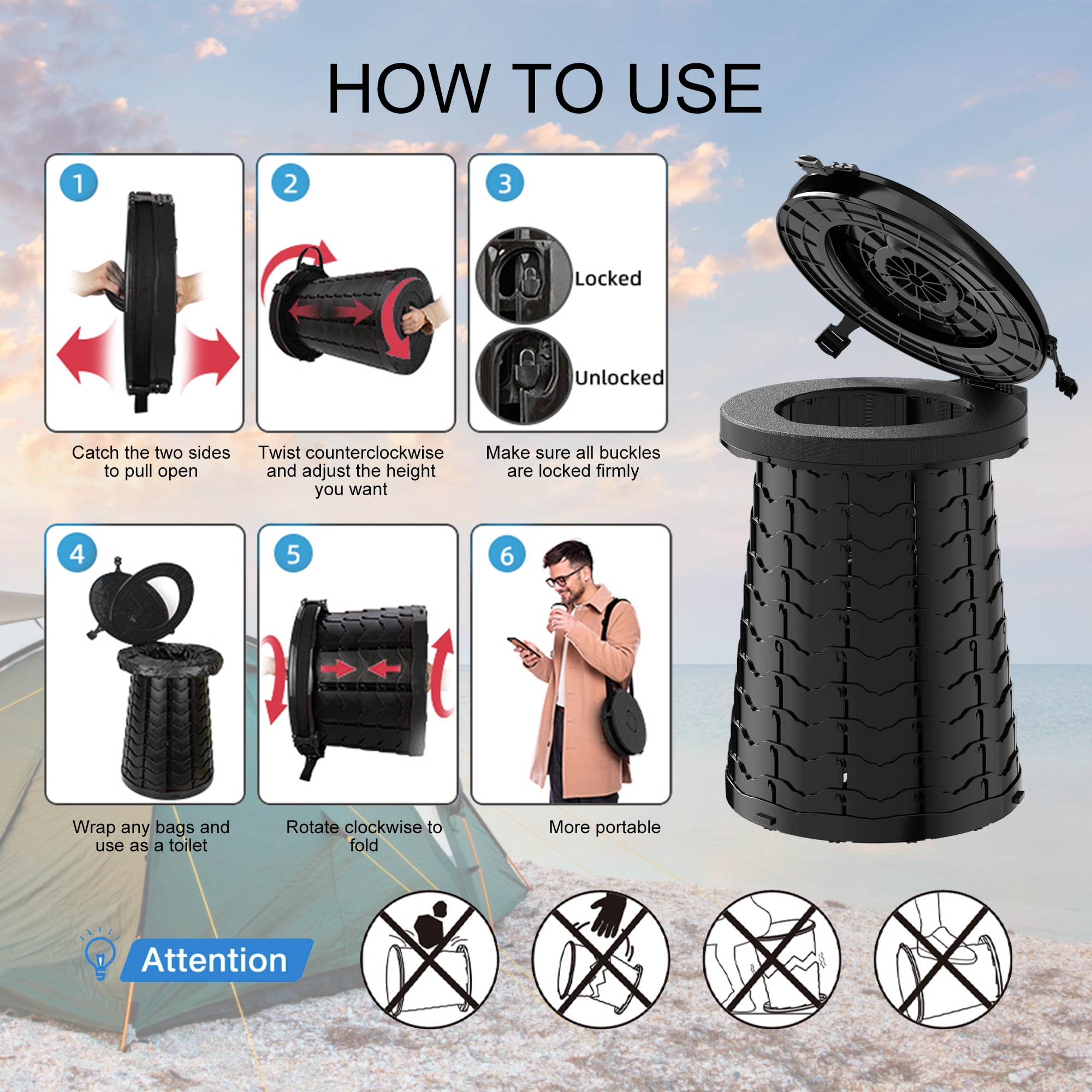 Portable Toilet for Camping,380lbs Capacity-19.7" H ,Collapsible Luggable Loo for Camping/Travel/Hiking/Car