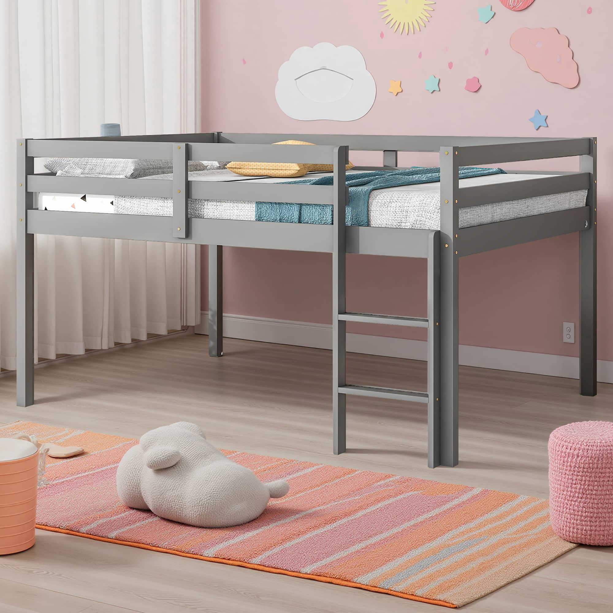 MAYEERTY Full Size Loft Bed with Ladder for Child, Grey