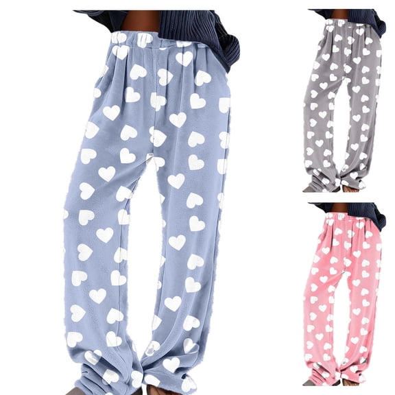 Women's Fuzzy Fleece Heart Print Pajama Pants Wide Leg High Rise Elastic Waistband Sleepwear PJ Bottoms with Pockets for Winter, Blue, L